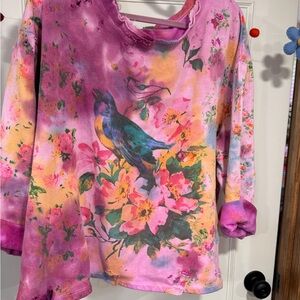 Magnolia Pearl Pink Multicolor Floral Bird Long Sleeve Top sweat shirt